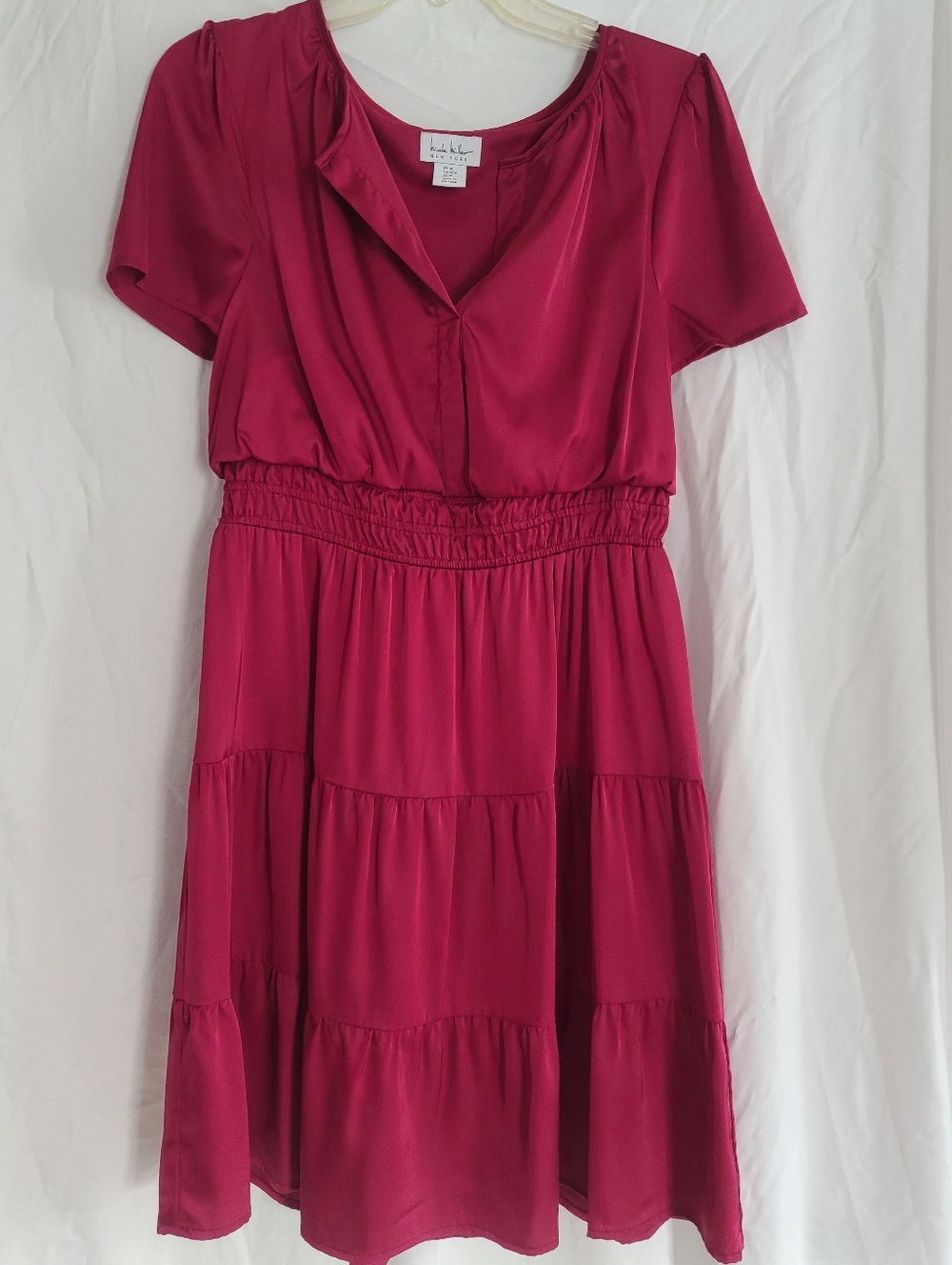 Nicole Miller Raspberry Short-Sleeve Tiered Midi Dress